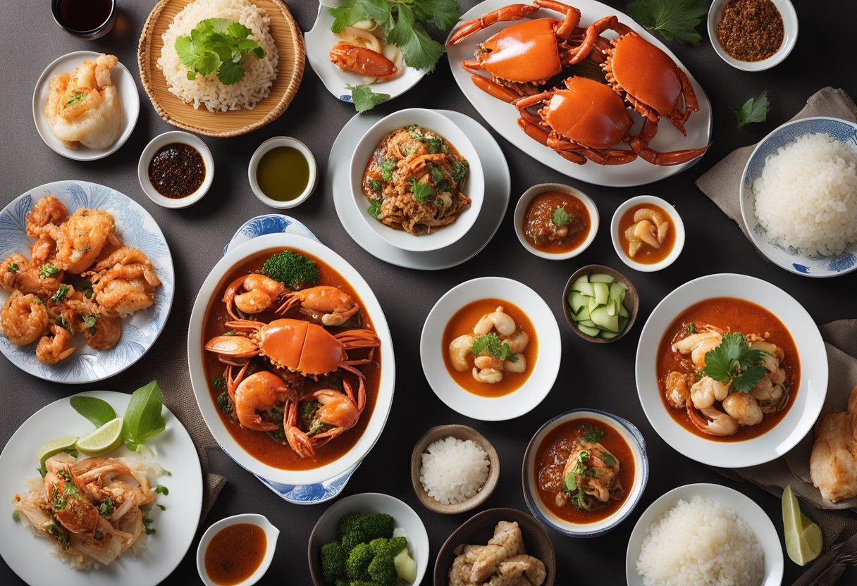A table spread with iconic Singaporean seafood dishes, including chili crab, black pepper crab, and Hainanese-style steamed fish