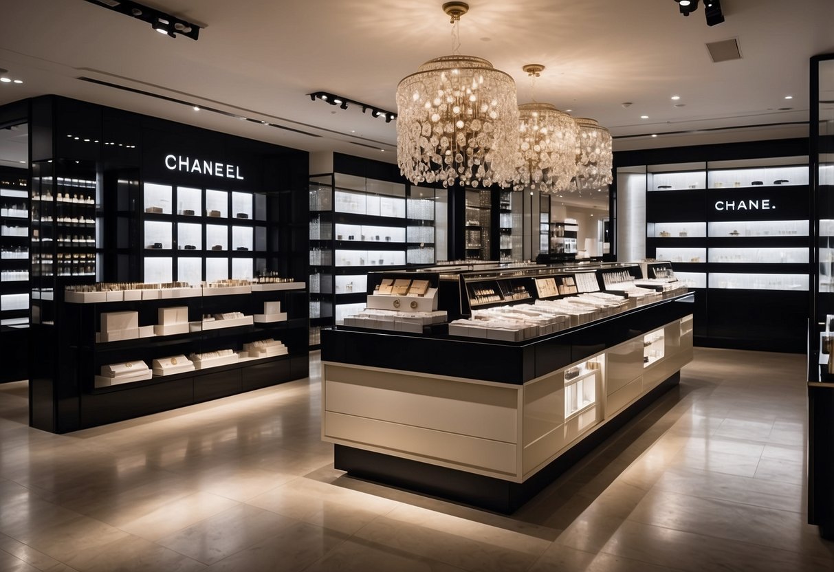 A luxurious display of Chanel products in a chic Singaporean boutique, with elegant signage and eye-catching promotions