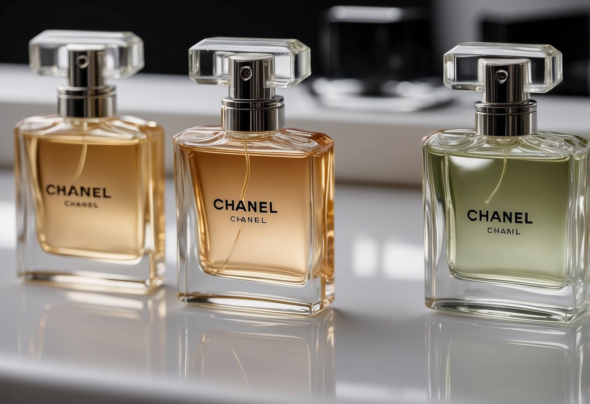 Sparkling perfume bottles displayed on a sleek, white counter. Soft lighting highlights the elegant Chanel logo and the captivating allure of the newest fragrances