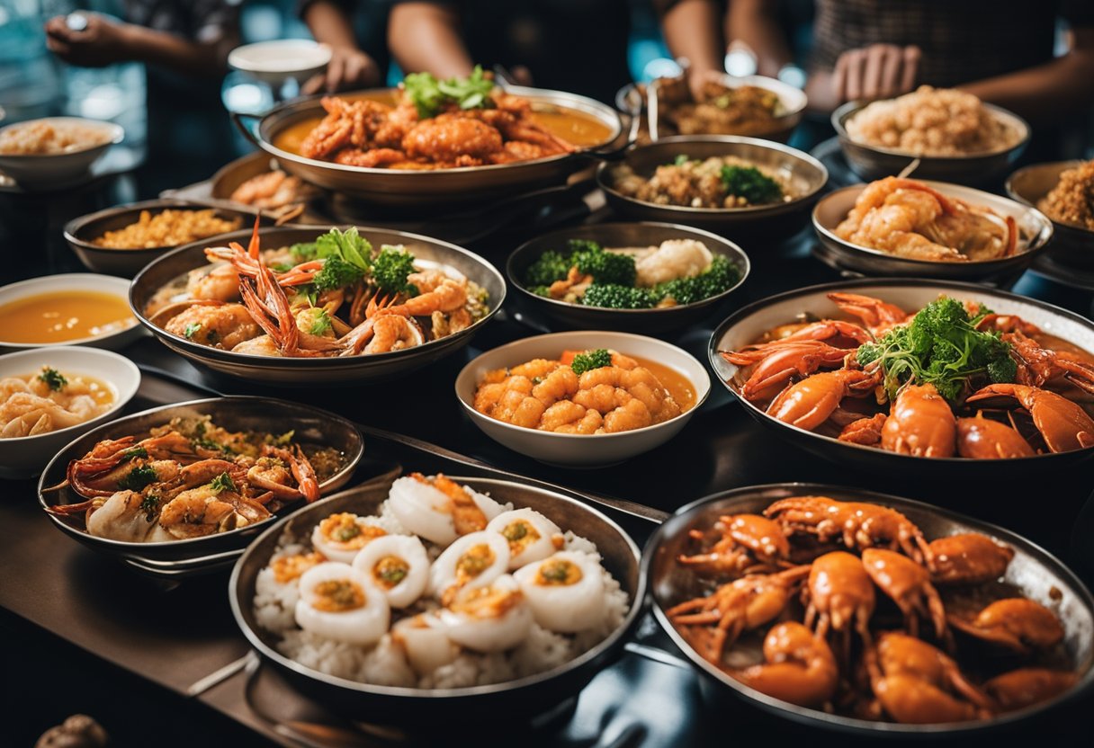A table filled with iconic Singaporean seafood dishes, including chili crab, black pepper crab, and salted egg prawns, surrounded by bustling hawker stalls and colorful lanterns