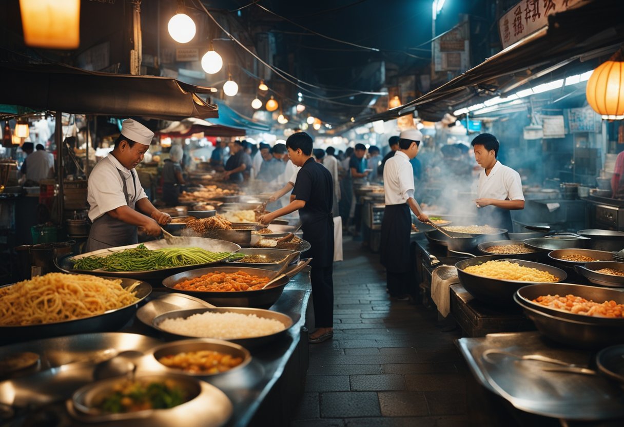 A bustling street lined with colorful hawker stalls, each serving up aromatic and flavorful seafood dishes. The air is filled with the sounds of sizzling woks and the tantalizing scent of fresh seafood