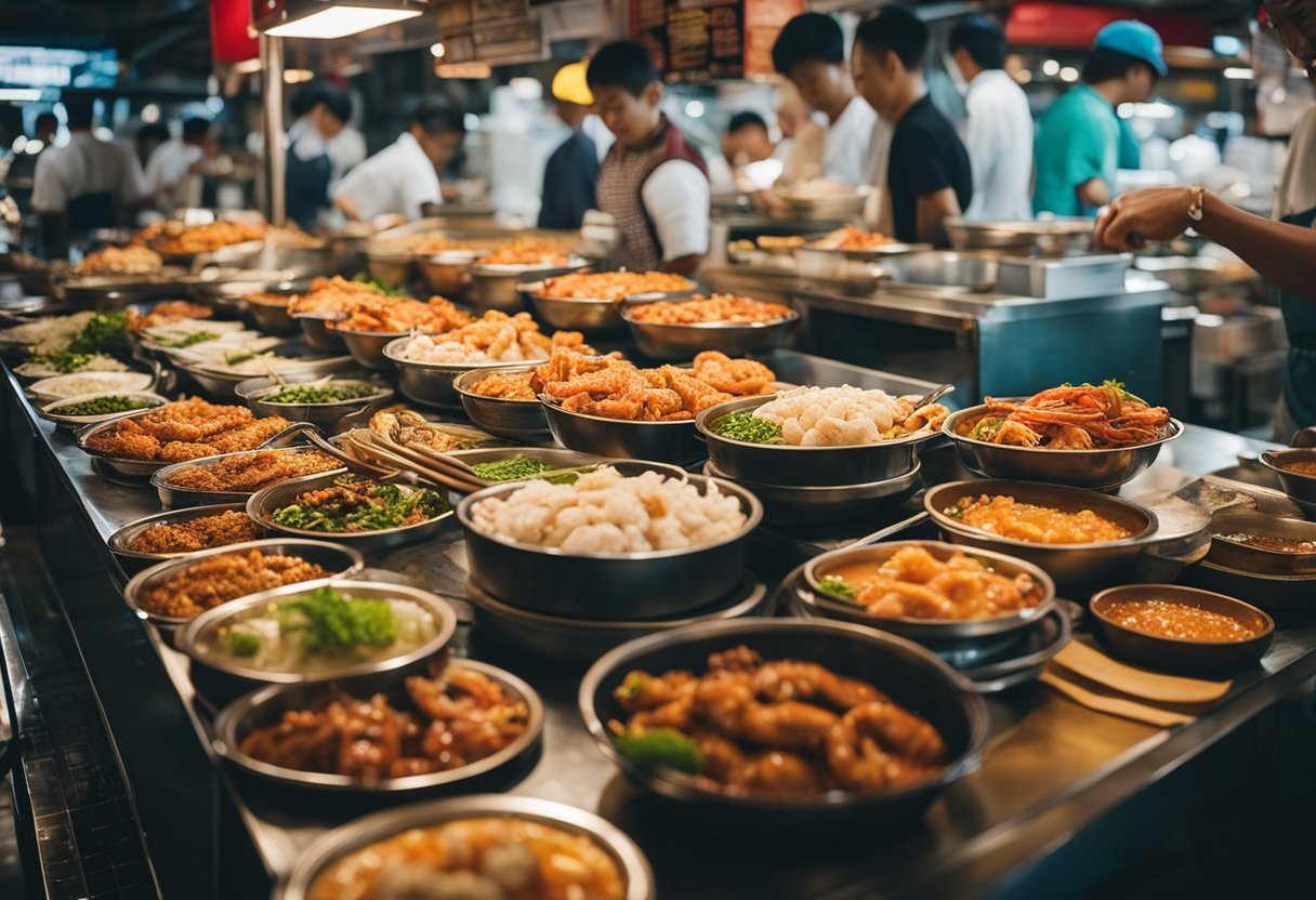 A bustling hawker center with a colorful array of seafood dishes on display, including chili crab, black pepper crab, and salted egg prawns