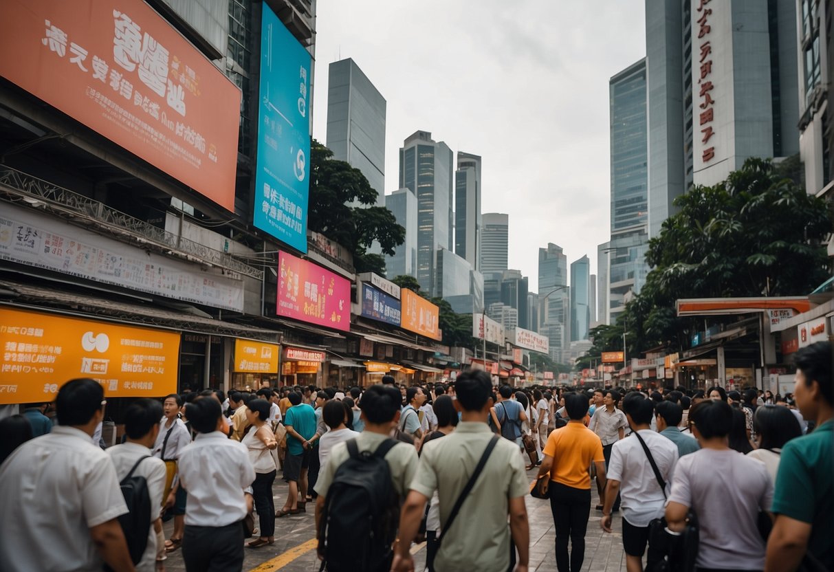 A bustling city street with vibrant promotional banners for a Singaporean channel, surrounded by curious onlookers