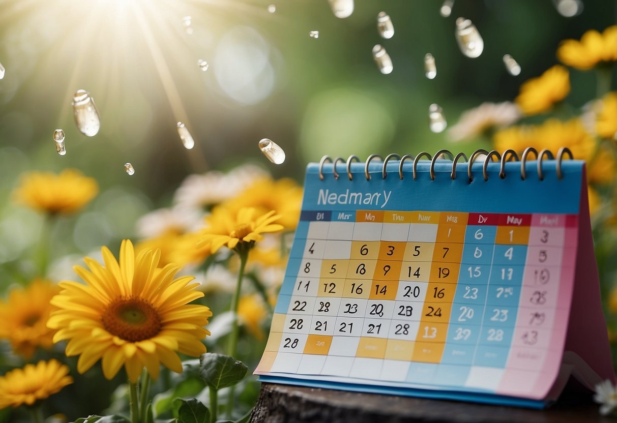 A colorful calendar with May activities listed, surrounded by seasonal symbols like flowers, sunshine, and raindrops