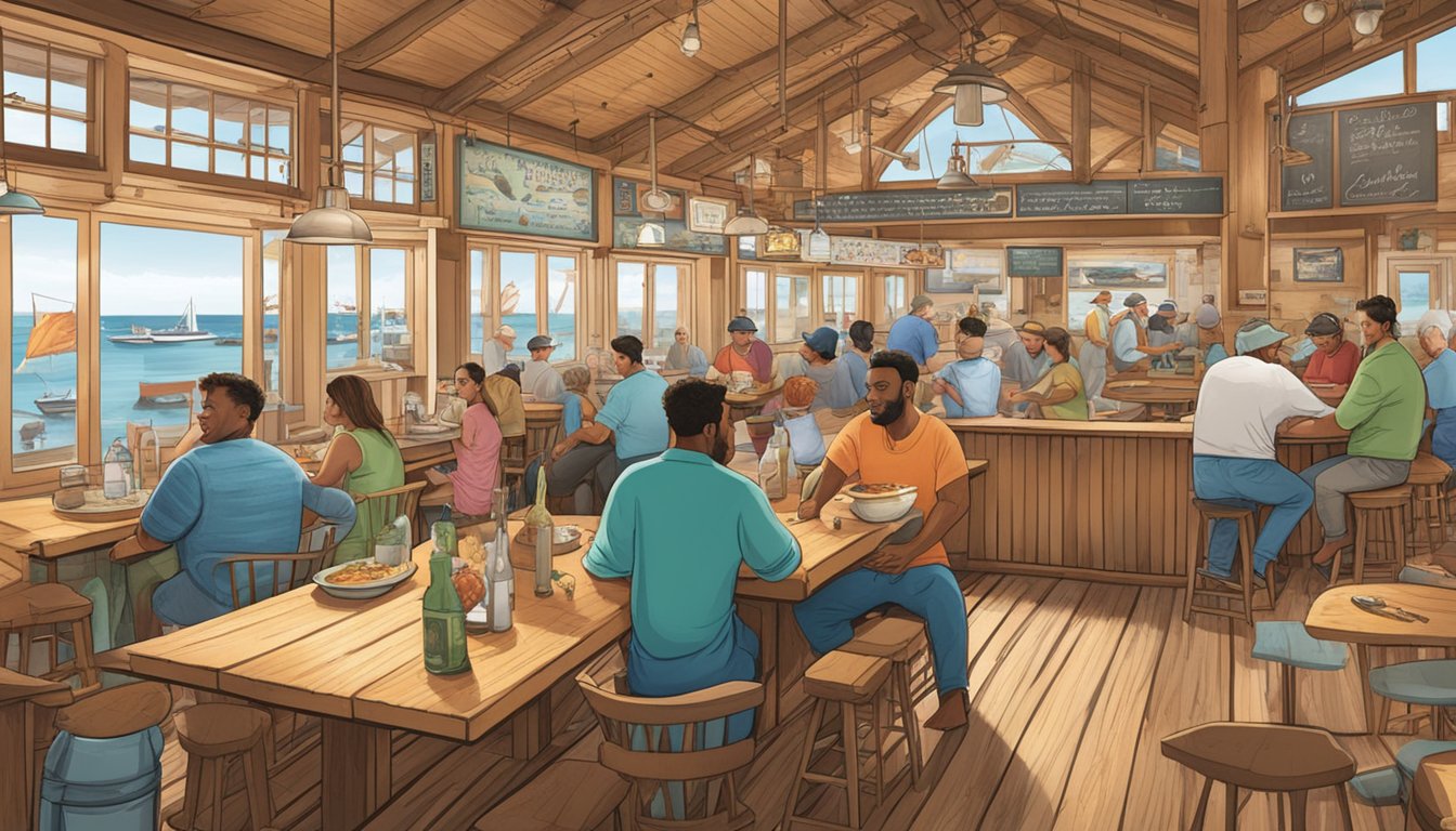 Customers enjoying fresh seafood at a lively crab shack, with wooden tables, nautical decor, and a bustling open kitchen