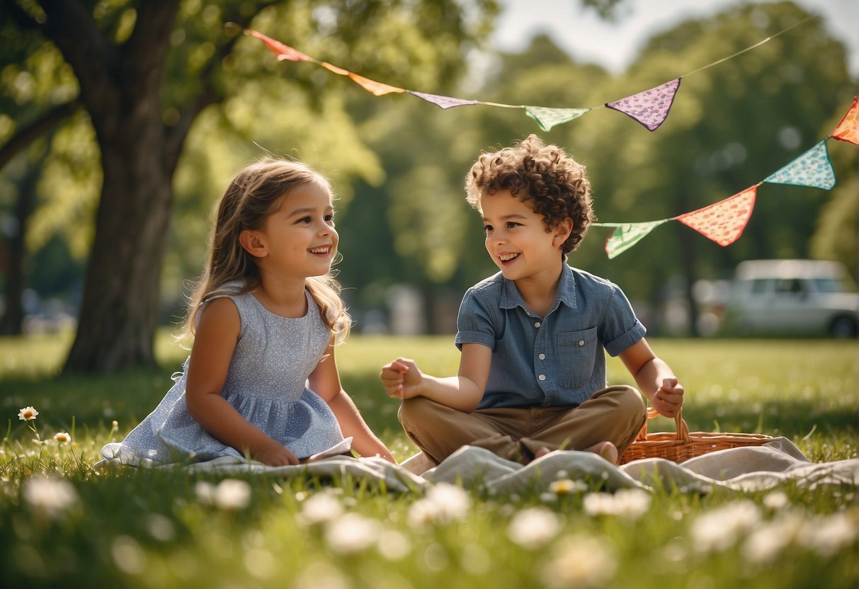 Children playing in a sunny park, flying kites and having a picnic under a big tree. Flowers blooming, birds chirping, and a gentle breeze blowing