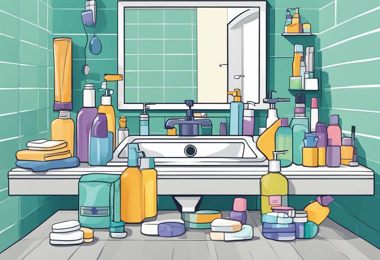 A sink overflowing with shampoo bottles and a shower running non-stop. Hairbrushes and towels scattered around