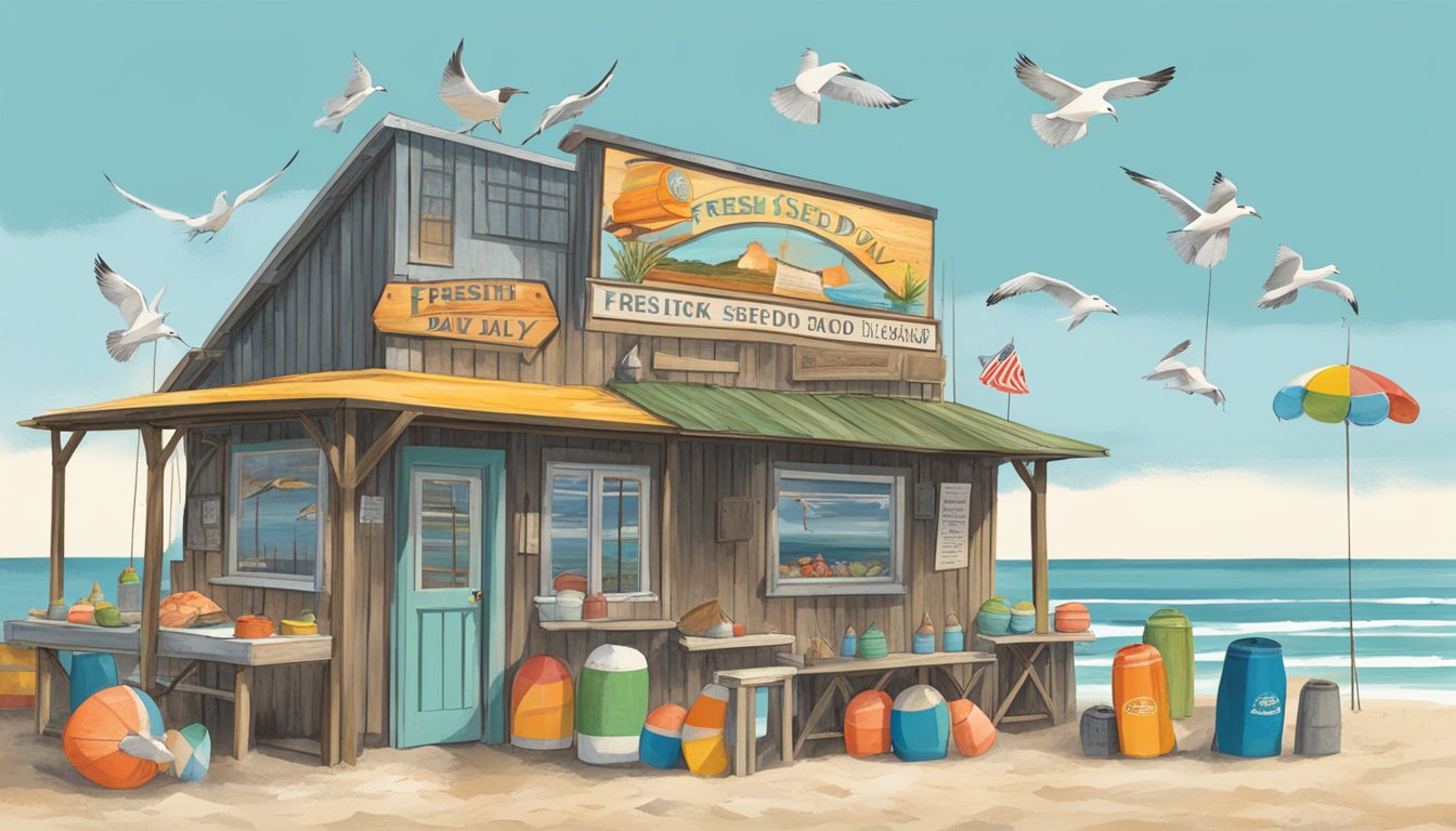 Customers line up outside a rustic crab shack, surrounded by colorful fishing buoys and a sandy beach. A sign reads "Fresh Seafood Daily" as seagulls circle overhead