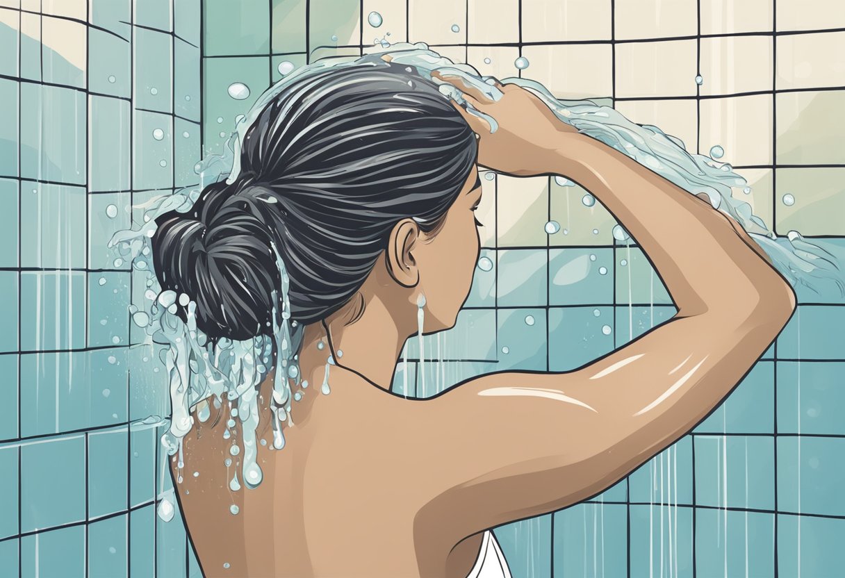 A person standing in a shower, applying shampoo to their hair. Water is running down their hair as they massage the shampoo into their scalp