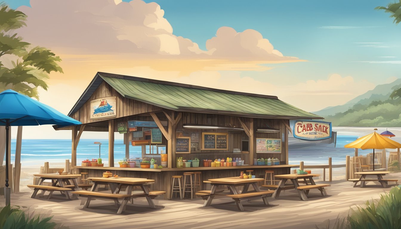 A rustic crab shack with a weathered wooden exterior, a colorful sign, and a bustling outdoor seating area with picnic tables and umbrellas