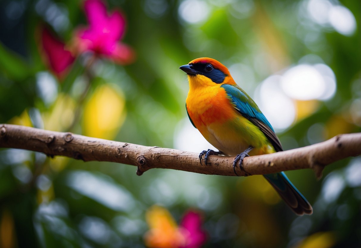 A colorful bird perched on a branch with a vibrant background of tropical foliage and the logo for "Chir Chir Promotions Singapore" displayed prominently