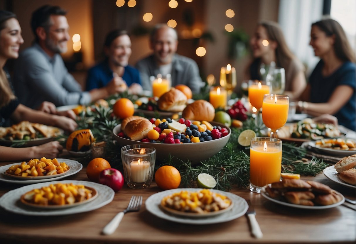 A festive table with colorful decorations, traditional food, and family members gathered around, laughing and enjoying each other's company