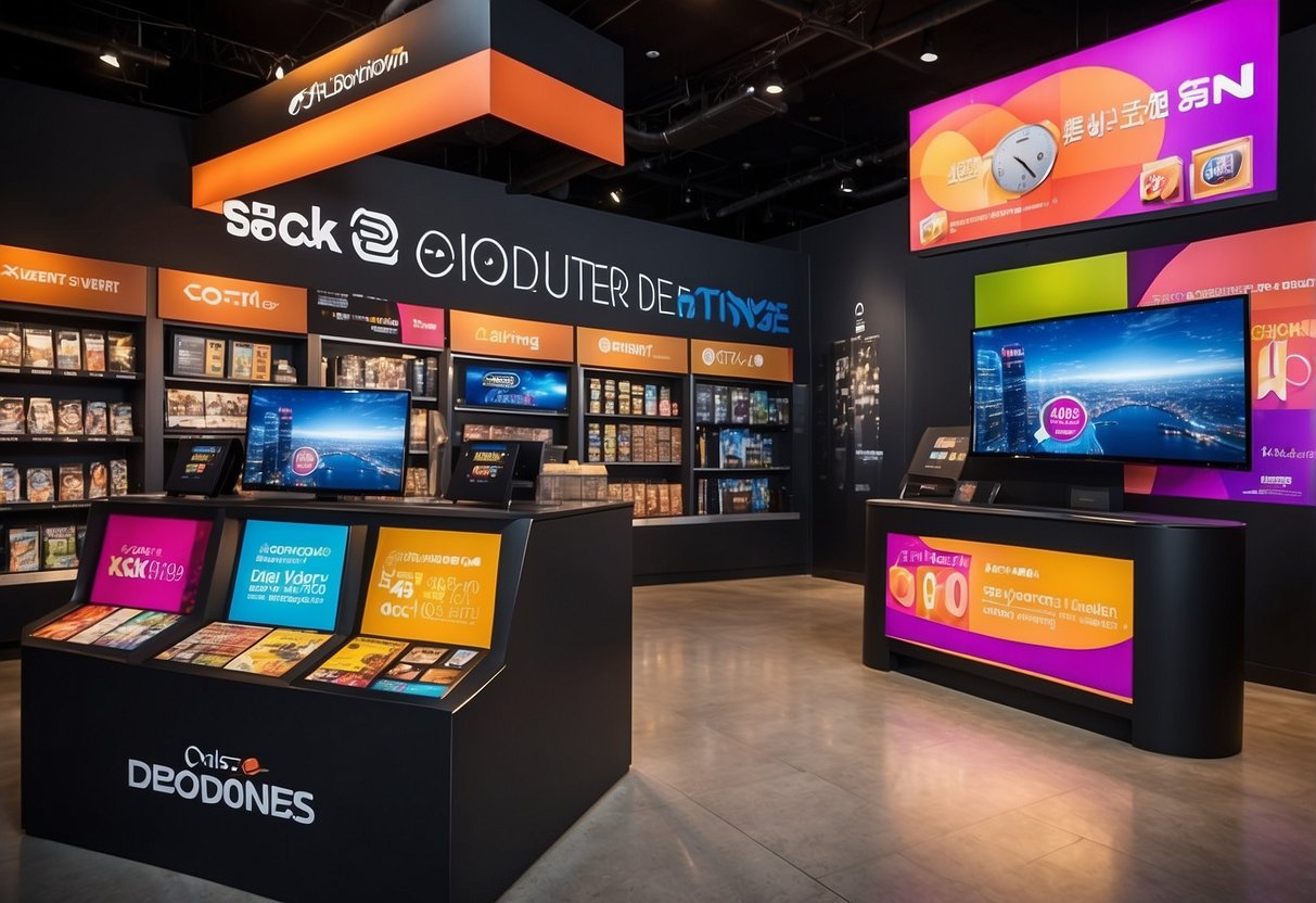 A colorful promotional display featuring various offers and discounts, with bold text and eye-catching graphics