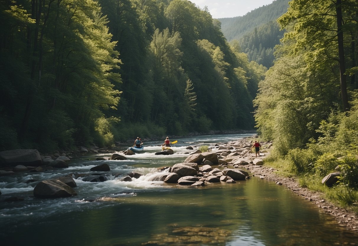 Lush green forest with winding trails, a flowing river, and a clear blue sky. Canoeists paddling on the water, hikers exploring the woods, and birds chirping in the trees