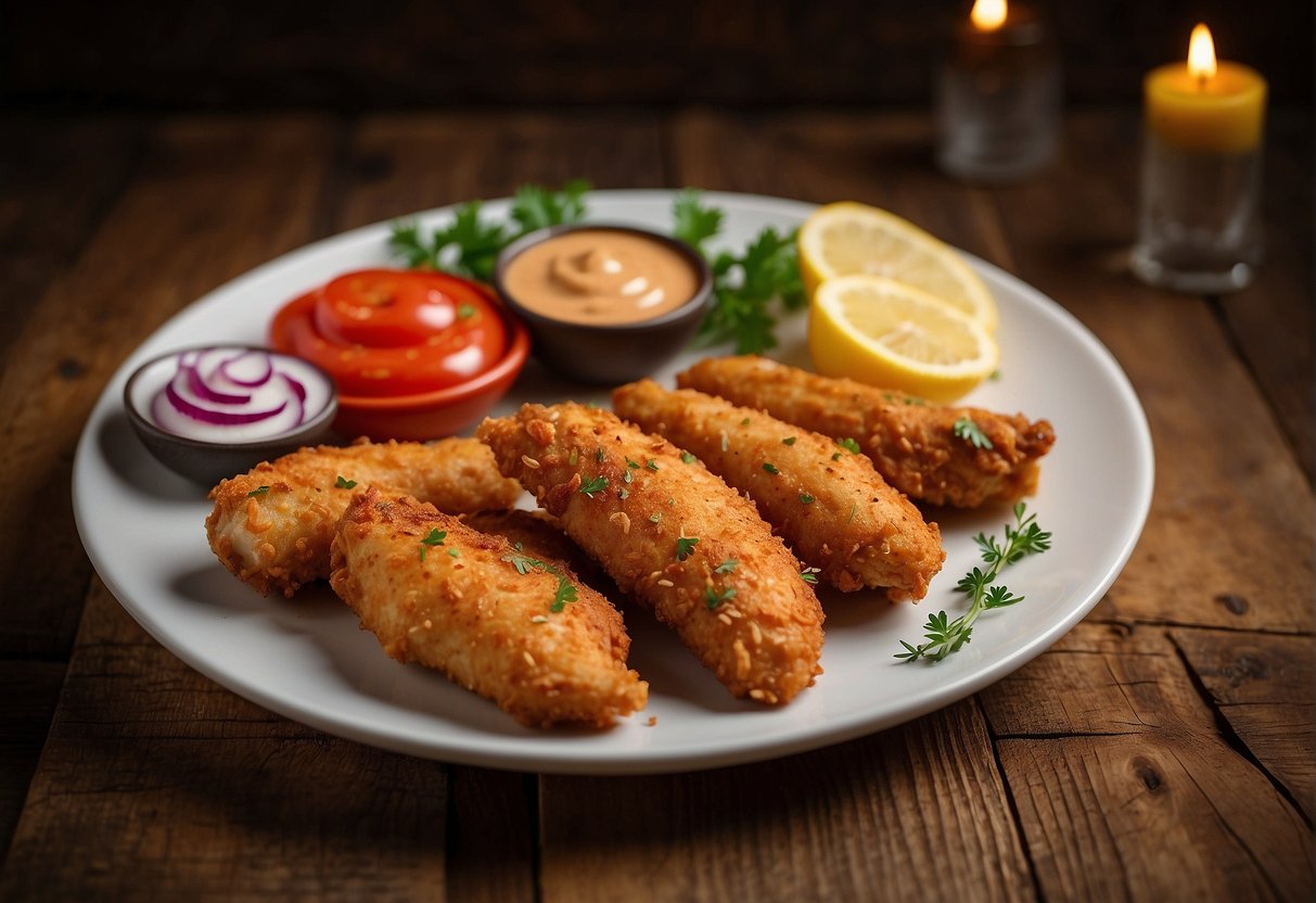 A plate of Cajun chicken tenders sits on a rustic wooden table, surrounded by colorful condiments and garnishes. The tender, juicy pieces of chicken glisten under the warm lighting, inviting the viewer to indulge in the delicious dish