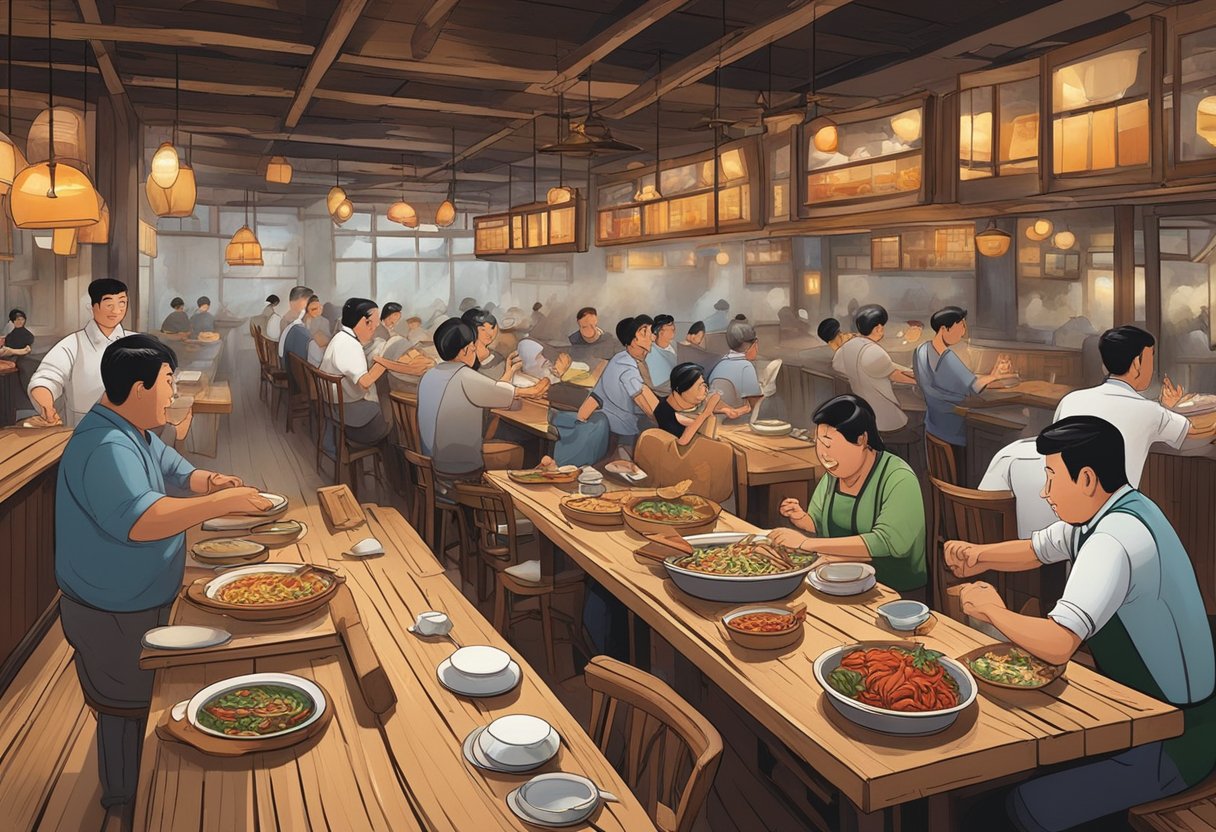 A bustling restaurant with dim lighting, rustic wooden tables, and steaming plates of spicy crab and noodles. Laughter and chatter fill the air as waiters rush back and forth, delivering delicious dishes to eager patrons