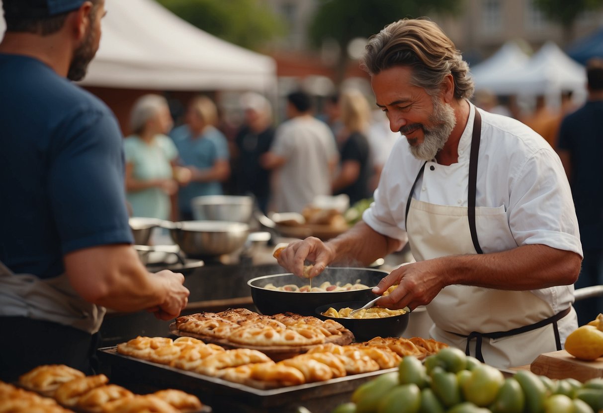 A bustling outdoor market with colorful food stalls and lively cooking demonstrations. A chef grills seafood while another creates intricate pastries. Patrons sample and purchase delicious treats