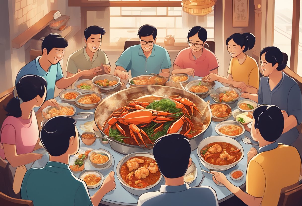 A table set with steaming plates of chili crab, butter prawns, and sizzling tofu, surrounded by eager diners with satisfied smiles