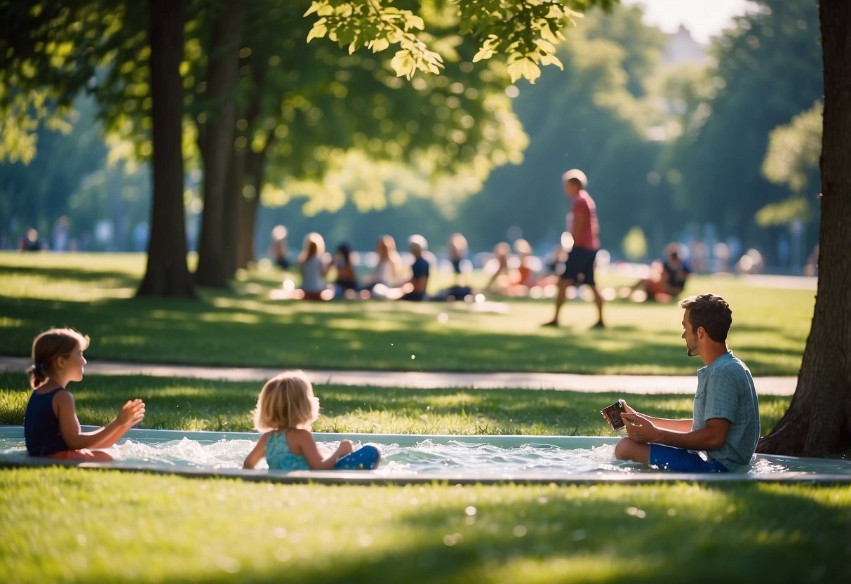 People swimming, picnicking, and playing sports in a sunny park. Sunbathers relax on the grass while children run and play