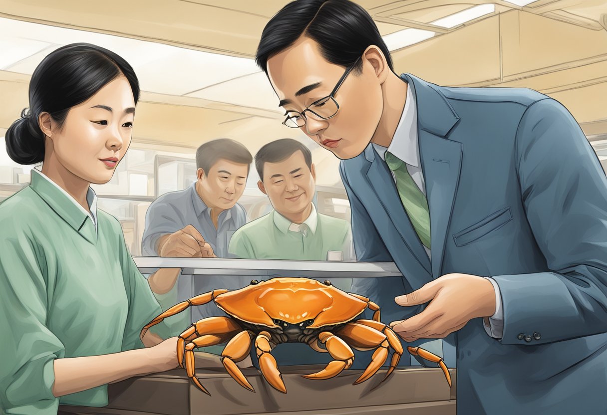 A fei fei crab is being examined by a customer for insights