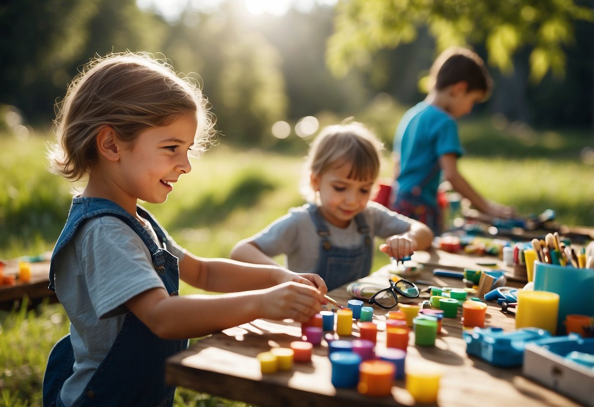 Children crafting outdoors under a bright blue sky, surrounded by colorful art supplies and nature-inspired materials