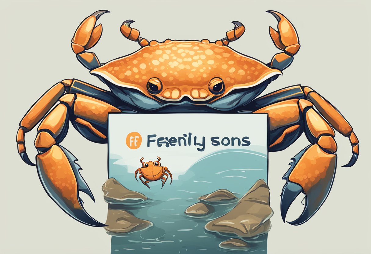 A crab holding a sign that reads "Frequently Asked Questions fei fei" with a curious expression on its face