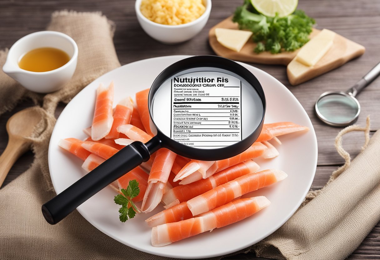 A plate with crab sticks, surrounded by nutritional information labels and a magnifying glass for close inspection