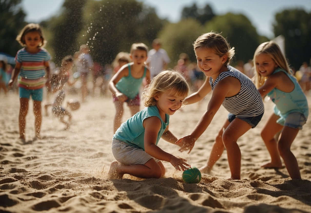 Children playing in a sprinkler, a family having a picnic, and friends enjoying a beach day with sandcastles and beach volleyball