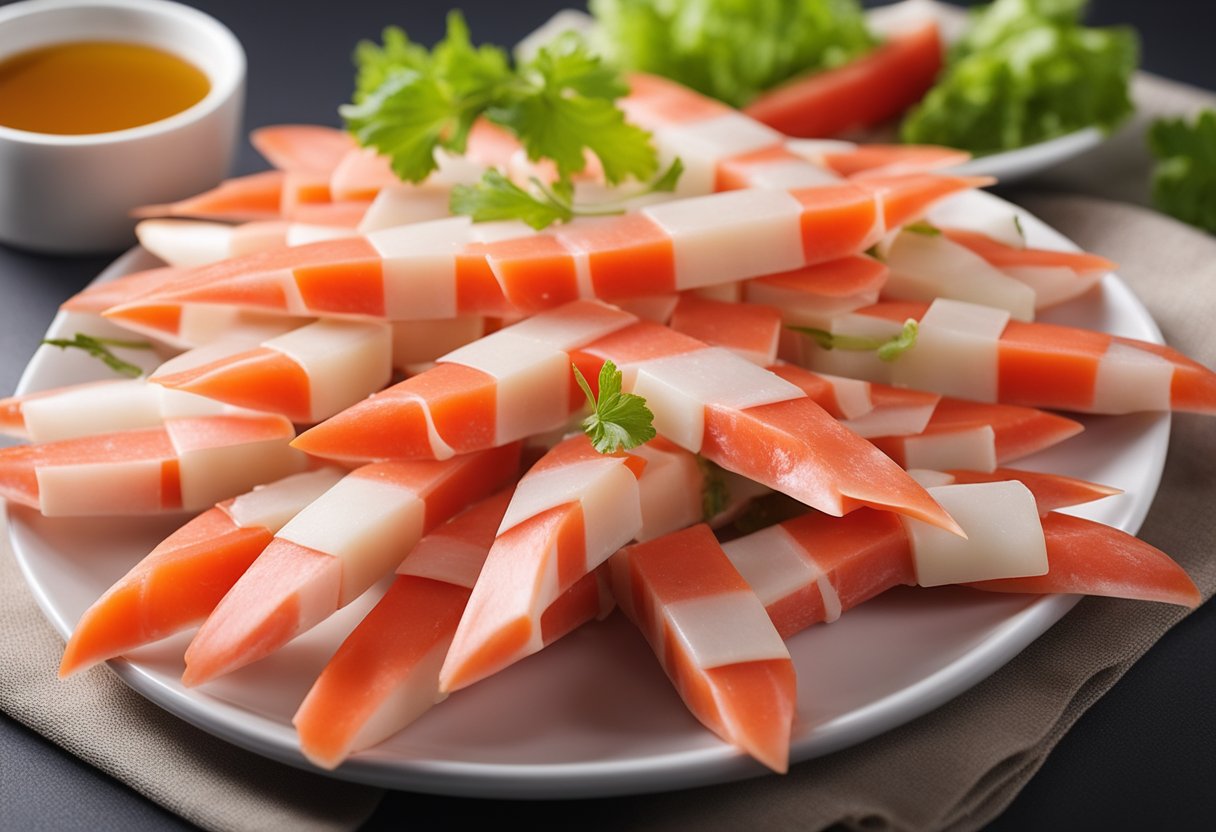 A variety of crab sticks arranged on a plate, surrounded by nutritional information labels and considerations