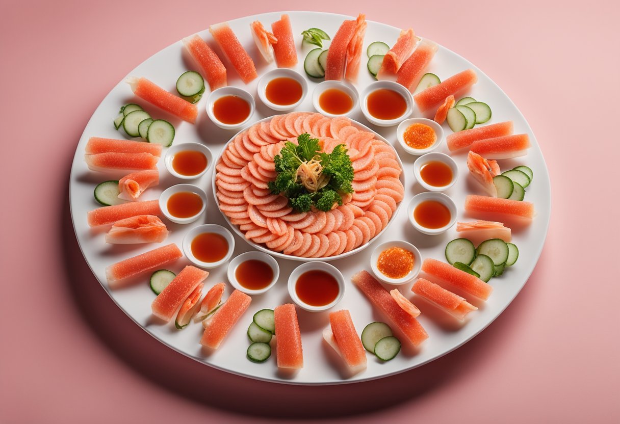 A plate of crab stick snacks arranged in a circular pattern with a side of dipping sauce