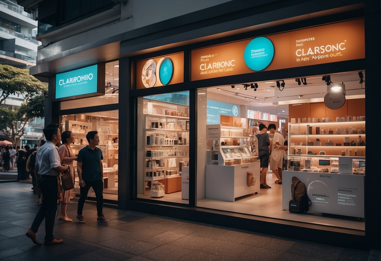 A bustling street in Singapore with a vibrant display of Clarisonic products in a storefront window, surrounded by enthusiastic shoppers and promotional banners