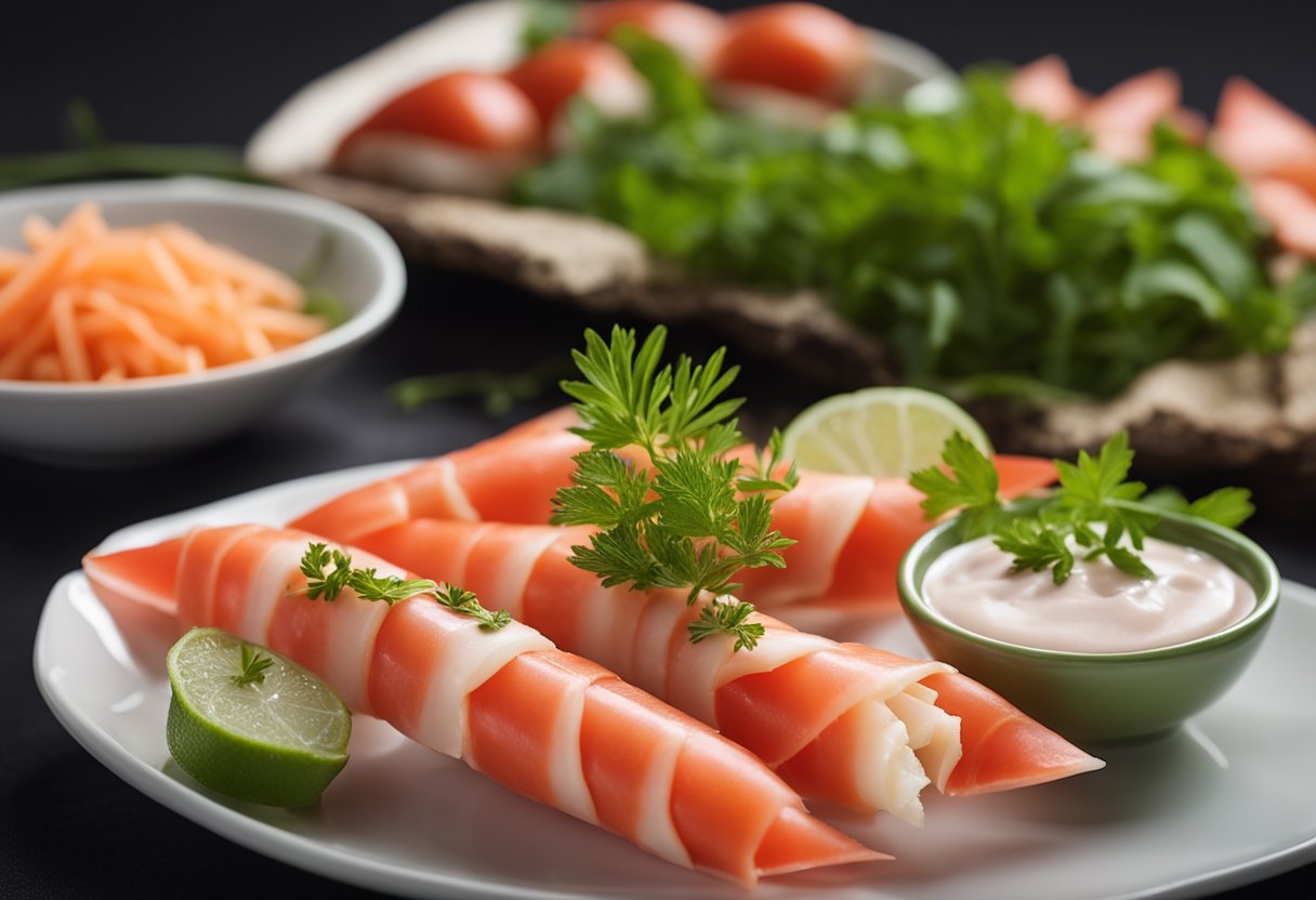Crab sticks arranged on a plate with dipping sauce and garnished with herbs