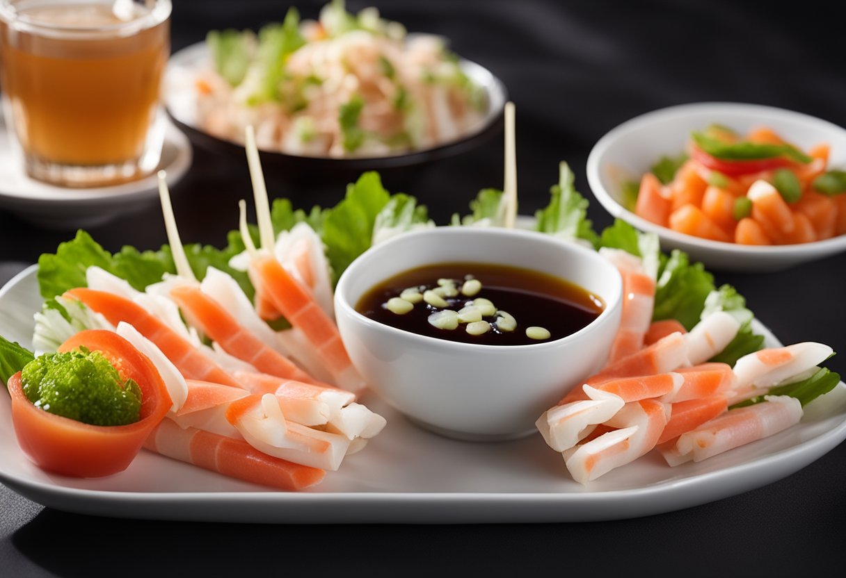Various crab stick snacks arranged on a plate with dipping sauces