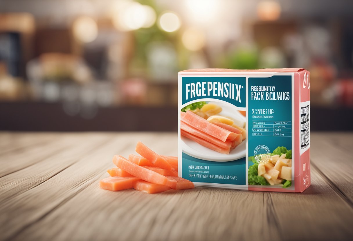 A crab stick snack package with "Frequently Asked Questions" label on a white background