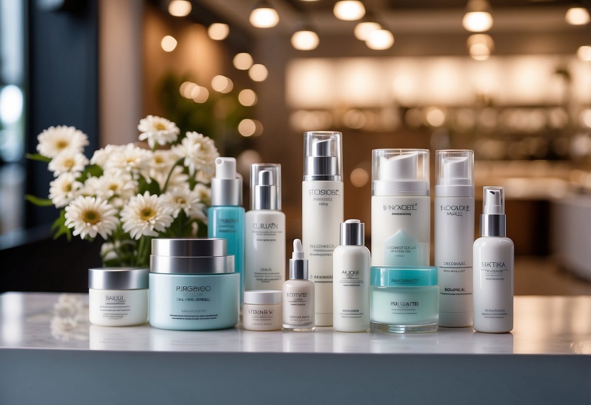 A table displays various skincare products with promotional signs and banners in a bright, well-lit space