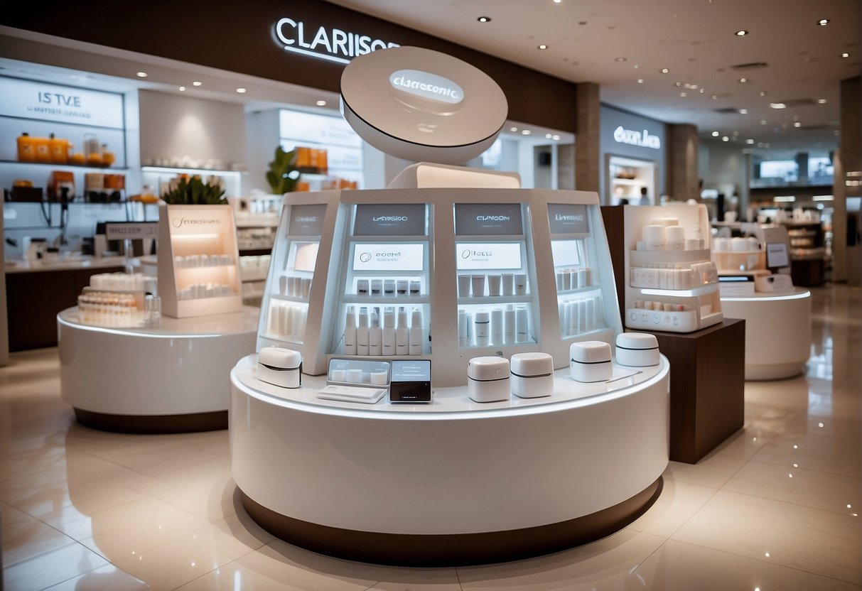 A display of Clarisonic products with promotional signage in a Singaporean retail setting