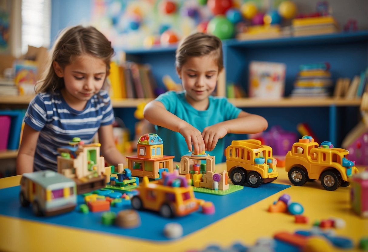 Children playing with educational toys, books, and puzzles in a colorful, vibrant classroom setting