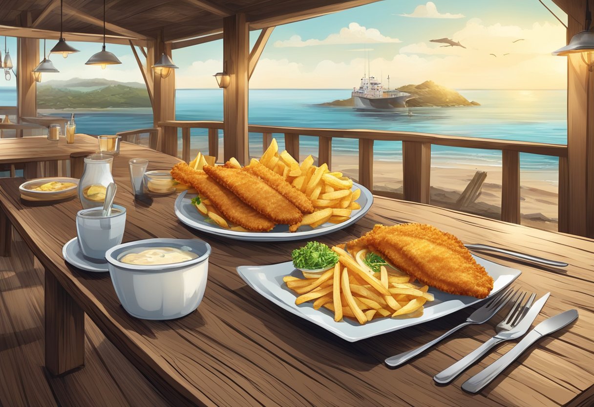 A rustic seaside restaurant with a panoramic view of the ocean, where a plate of golden, crispy fish and chips is being served on a wooden table