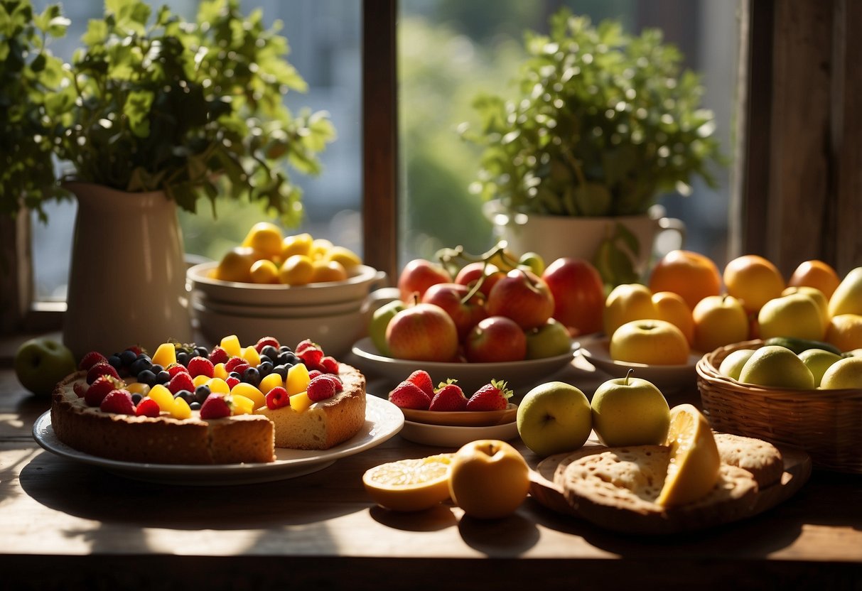 A table spread with fresh fruits, vegetables, and baked goods. A calendar showing August. Sunlight streaming through a window