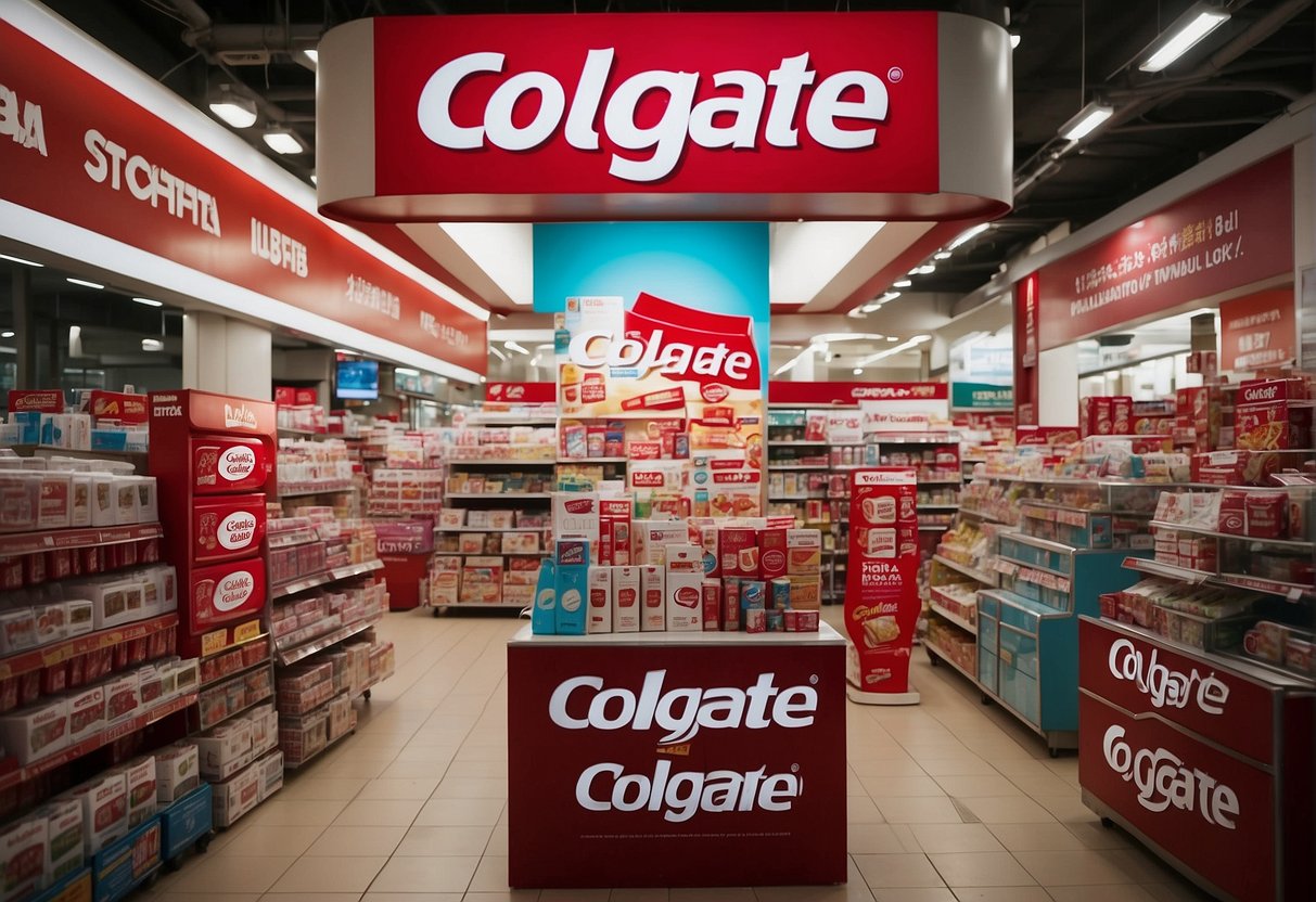 A vibrant display of Colgate products surrounded by promotional signs and banners in a busy Singaporean market