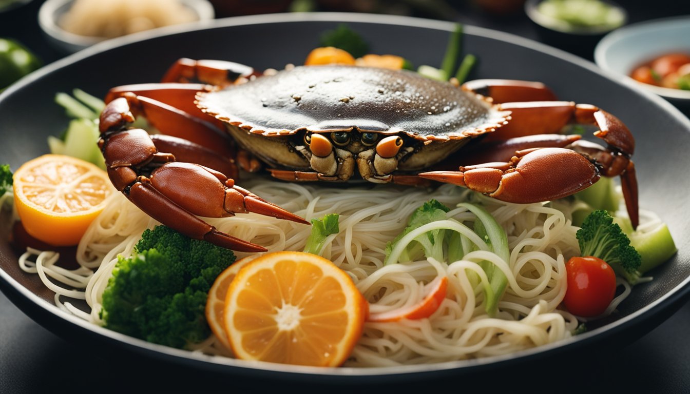 A crab is tangled in transparent tang hoon noodles, surrounded by colorful vegetables and a steaming wok