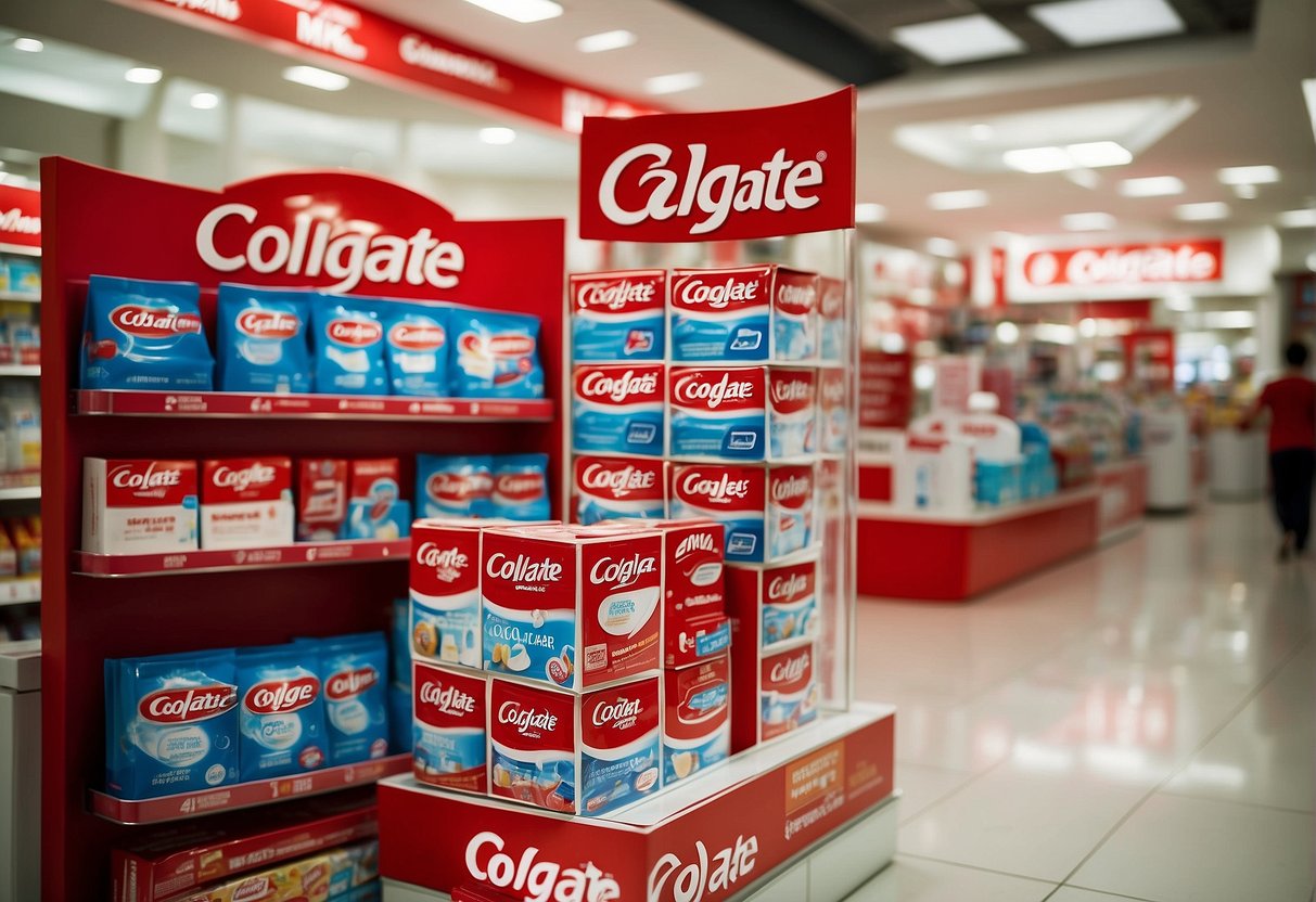 A display of Colgate oral care products with promotional signage in a Singaporean store