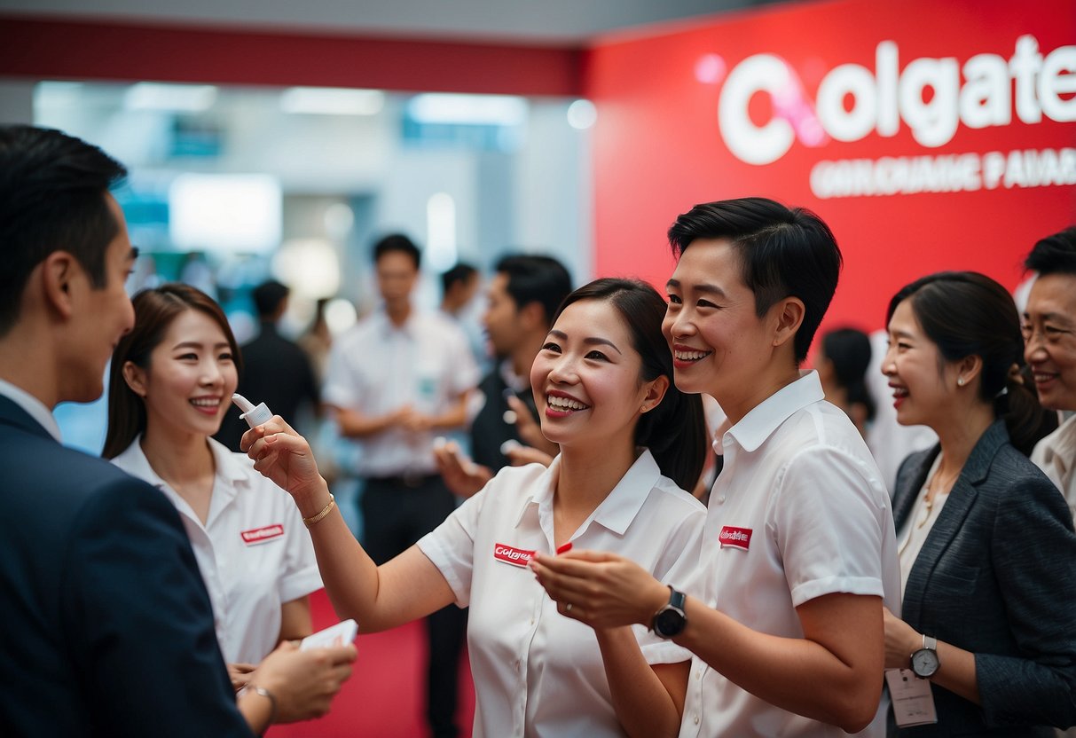 People interacting at a Colgate oral care event in Singapore, learning and earning rewards through promotions