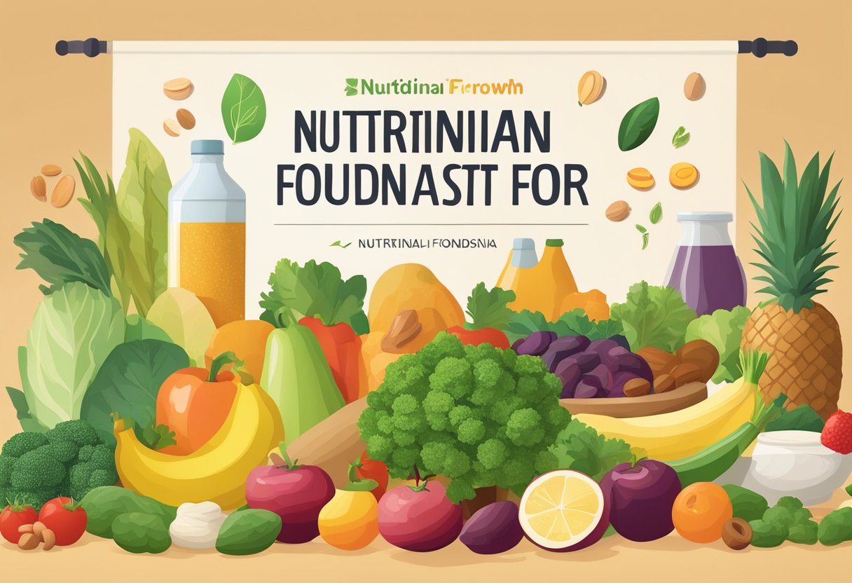 A variety of nutrient-rich foods, such as fruits, vegetables, nuts, and lean proteins, are arranged on a table with a banner reading -quot;Nutritional Foundations for Hair Growth-quot; above them