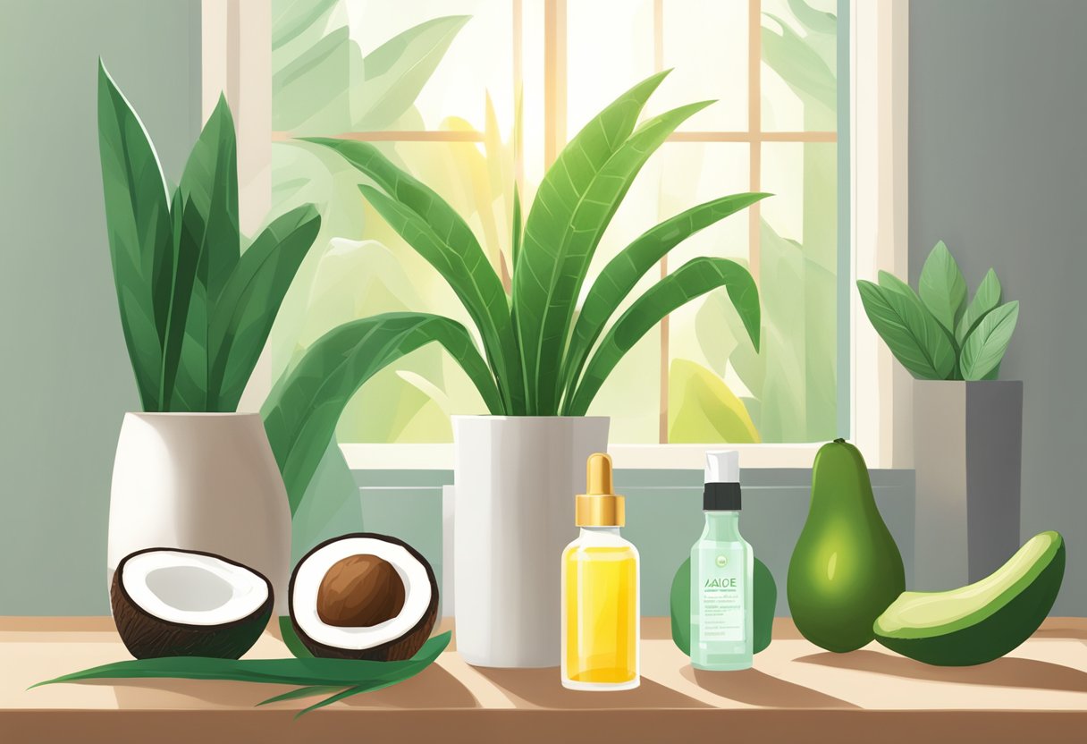 A bottle of hair growth serum surrounded by natural ingredients like coconut oil, aloe vera, and avocado. A plant-filled room with sunlight streaming in through the window