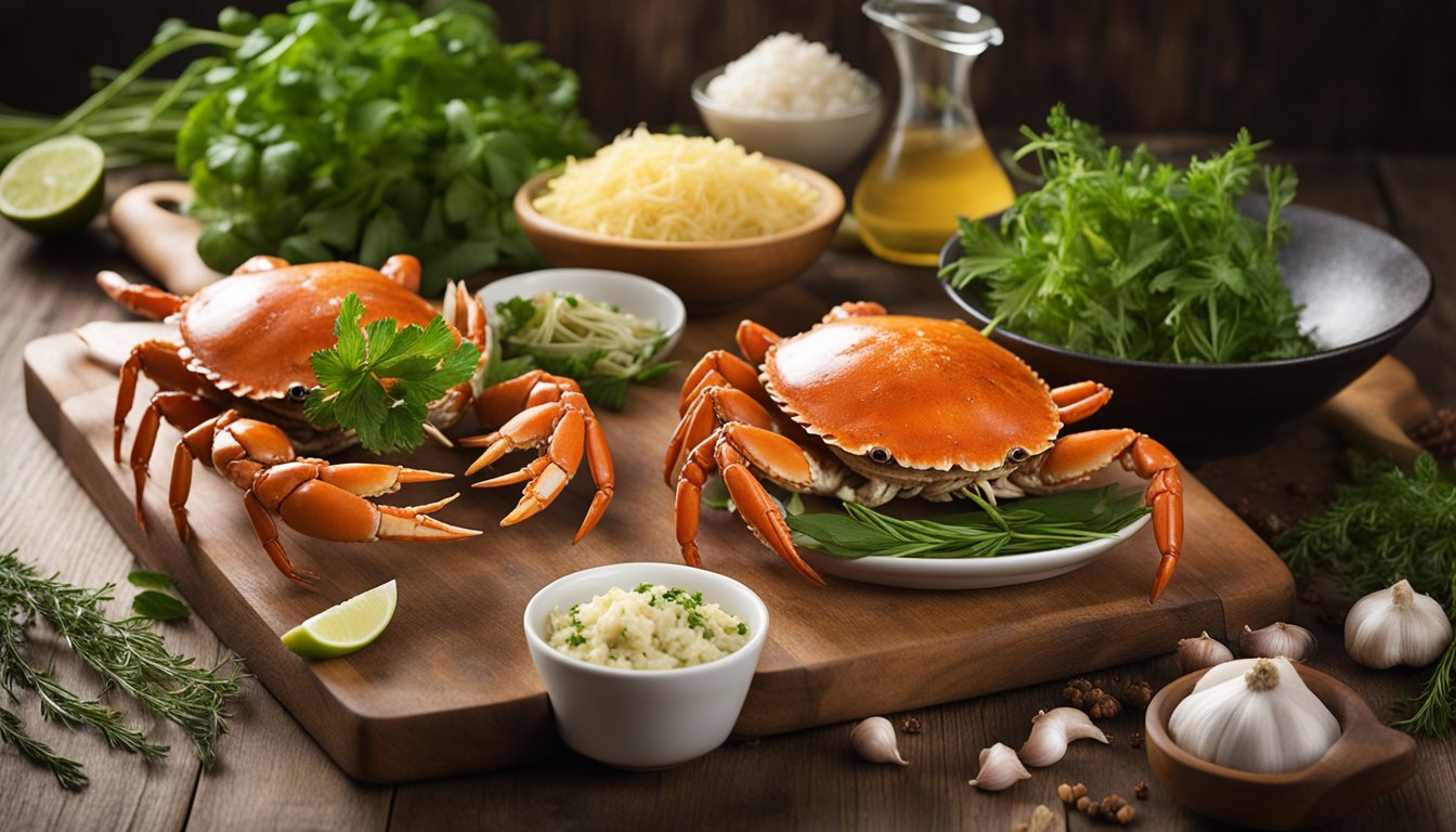 Crab and tang hoon are laid out on a clean, wooden cutting board, surrounded by fresh herbs and spices. Bowls of minced garlic and ginger sit nearby, ready to be added to the mix