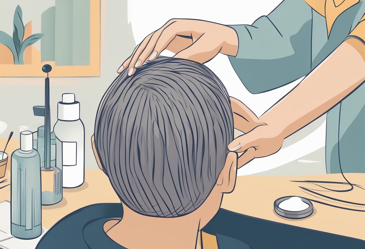 A person's head receiving a scalp treatment with hands massaging in circular motions, promoting hair growth