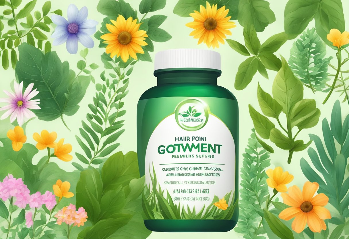 Lush green herbs and vibrant flowers surround a bottle of hair growth supplements. Sunlight filters through the leaves, casting a warm glow on the natural remedies