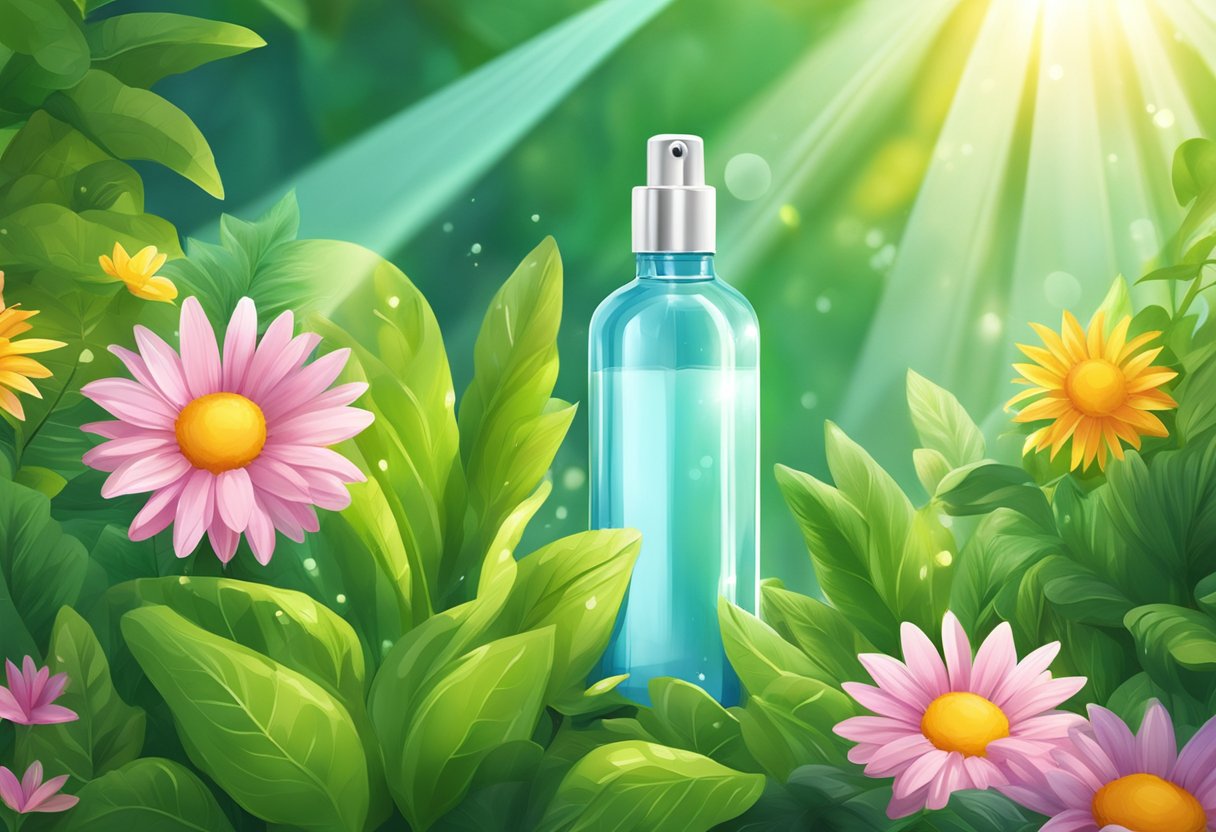 A bottle of hair growth serum surrounded by lush green plants and vibrant flowers, with rays of sunlight shining down on the scene