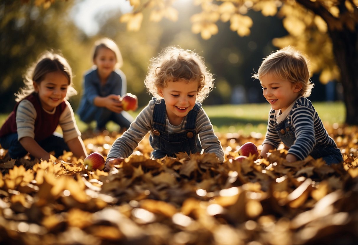 Children playing in a pile of fallen leaves, while others pick apples in an orchard under the warm September sun